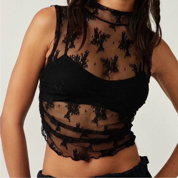 Free People Black Sheer Lace Crop Top - Picture 1 of 6